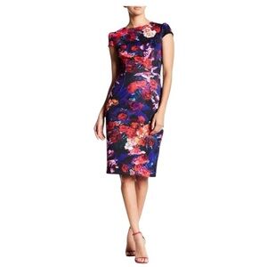 Betsey Johnson Floral Bouquet Rose Multi Color  cap sleeve sheath dress Size 8